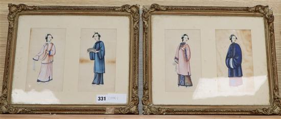 Chinese School, 4 gouache on pith paper, Studies of courtiers, 18 x 10cm, in two frames